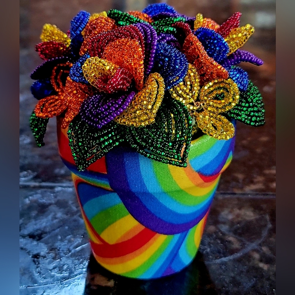 Pride/Rainbow Decoupage Pot filled with French Beaded Flowers